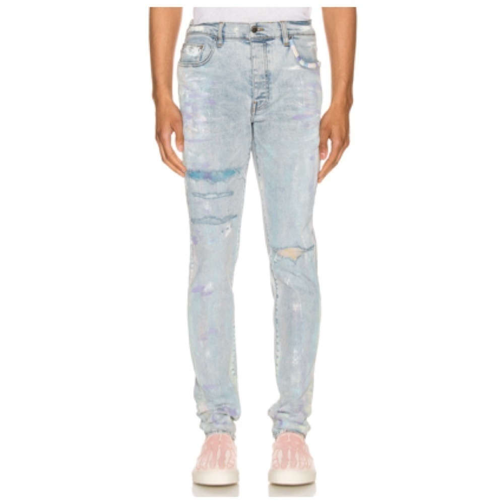 AMIRI Painter Distressed Skinny Jeans Men's Size 36 Blue Tie‎ Dye Paint Spots